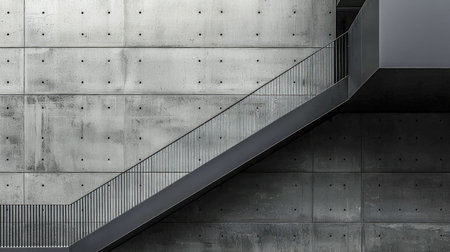 A sleek, simple staircase features exposed concrete steps paired with a slender metal handrail, set...