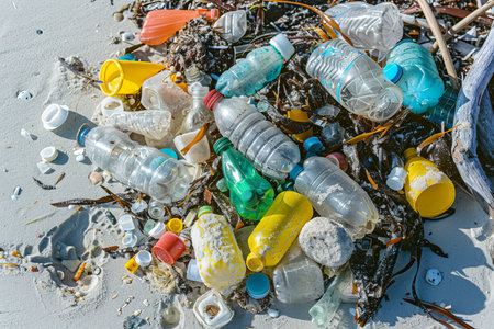 Plastic waste discovered during a shoreline cleanup for environmental preservationの写真素材