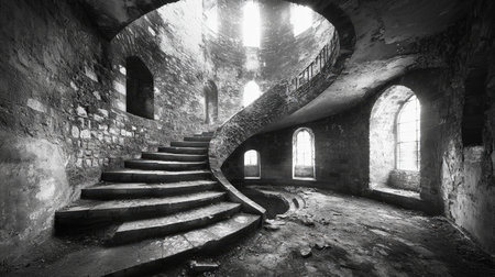 A dilapidated stone edifice features a sweeping curved staircase and elegant arched windows, evoking timeless mystery in monochrome.の写真素材