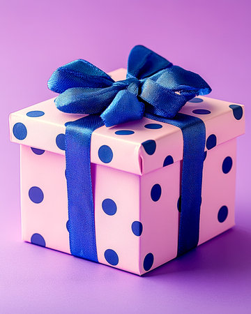 A charming pastel pink box adorned with cheerful blue polka dots, elegantly tied with a matching blue satin bow, set against a rich purple backdrop.の写真素材