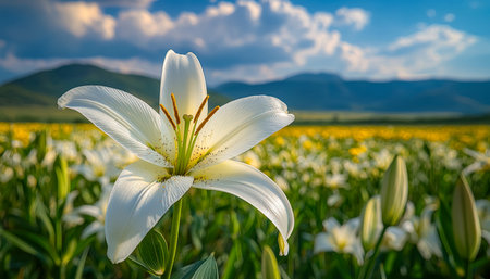 A pristine white lily opens amid countless blooms, set against a clear azure sky, evoking purity and serenity in a sprawling floral landscape.の写真素材