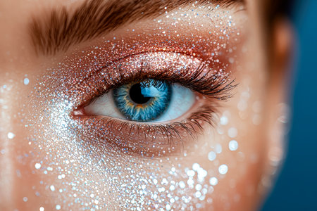 An intense gaze highlighted by radiant blue hues, accented with sparkling makeup and delicate face embellishments, evoking glamor and mystique.の写真素材