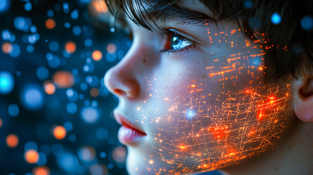 A young child's face illuminated by a digital data web, featuring a luminous blue eye, symbolizing...
