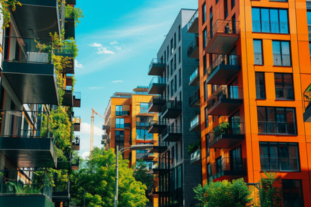 Modern apartment buildings in a lush green residential area on a beautiful sunny dayの写真素材