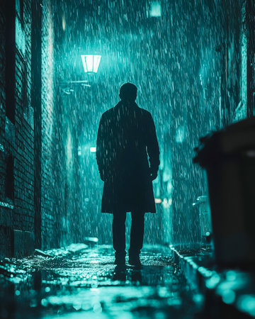 A lone person pauses under glowing city lights amidst pouring rain, capturing a moody, reflective moment on a quiet urban night street.の写真素材