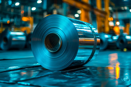 Large rolled steel sheet spans a factory floor, surrounded by industrial machinery and bold...