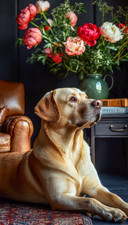 A relaxed golden retriever rests on a decorative rug inside, with a vibrant peony bouquet in a green vase enhancing the cozy, elegant settingの写真素材