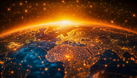 A vibrant global network visualization featuring a luminous map, radiant city hubs, and...