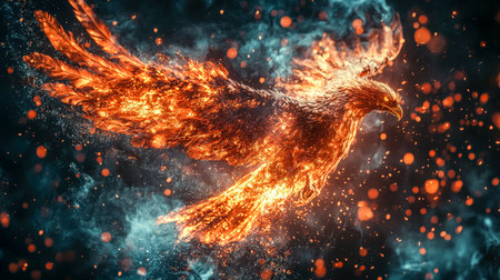 A majestic bird ablaze with fiery feathers glides amidst a chaotic swirl of sparks and smoky clouds, evoking power and intensity in motion.の写真素材
