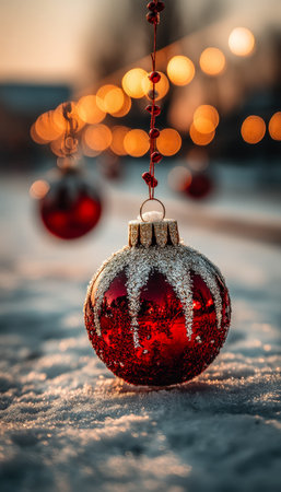 Sparkling red holiday bauble coated with snow, delicately suspended amidst soft glowing lights, creating a cozy, festive atmosphere.の写真素材