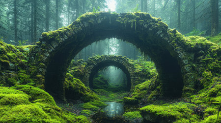 Ancient mossy stone arches weave through dense foliage, with a tranquil stream reflecting verdant surroundings against a dreamlike, foggy backdrop.の写真素材