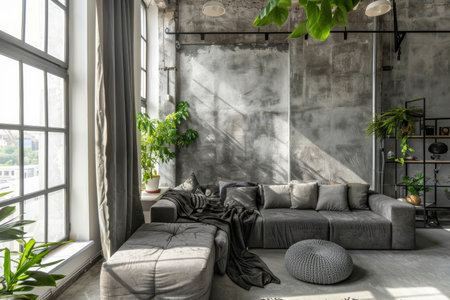 Industrial loft interior with concrete wall, gray sofa, pillows, curtain, large windows, and plantsの写真素材