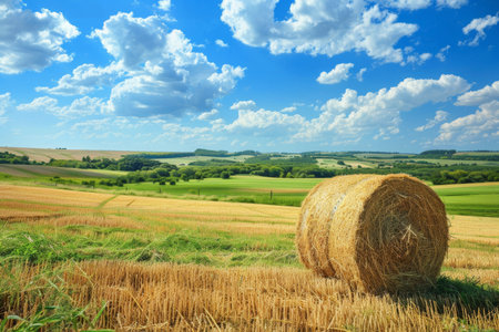 Beautiful scenic rural landscape with green fields and clear blue sky, tranquil countryside sceneryの写真素材