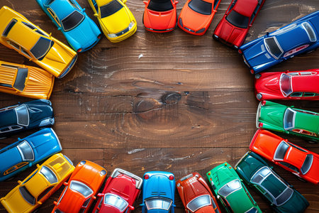 Colorful toy car collection circle in childrens playroom for creative play and learningの写真素材