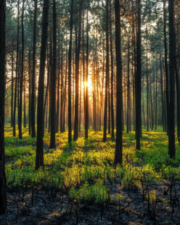 Morning light dances through towering pines, illuminating vibrant greenery and creating a serene, inviting atmosphere in the forest's depths.の写真素材