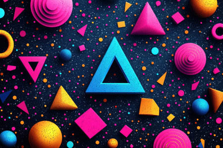Dynamic array of vivid triangles and polygons set against a radiant, galaxy-inspired backdrop, perfect for modern design projects and energetic visualの写真素材