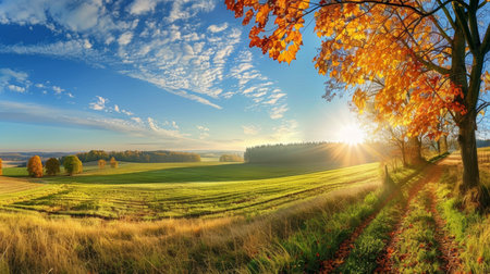Enchanting autumn landscape. sunny panorama of idyllic rural countryside with vibrant fall colorsの写真素材