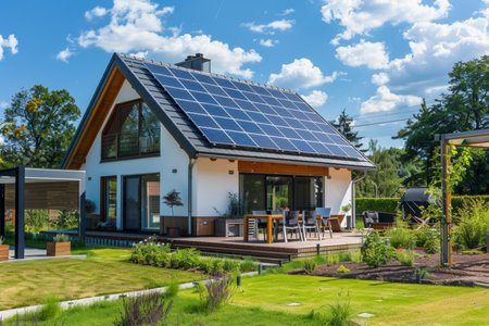 New modern eco-friendly passive house with photovoltaic system, solar panels, and landscaped yardの写真素材