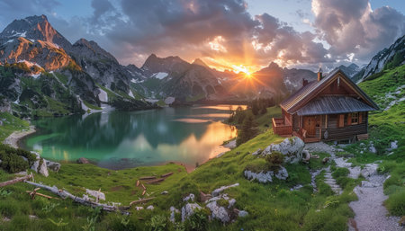 Breathtaking sunset at zittauerhuette refuge, Gerlossee lake, pinzgau, salzburg, austria, europeの写真素材