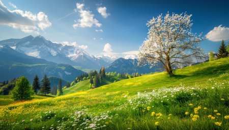 Idyllic springtime meadows in the sunny alpine mountain landscape with blooming flowersの写真素材