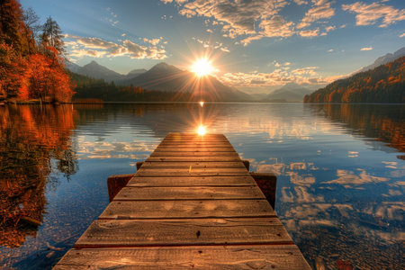 Captivating autumn sunset over hintersee lake on a stunningly beautiful sunny dayの写真素材