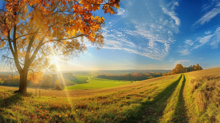 Sunny rural idyll. enchanting autumn landscape in the countryside, high-quality photoの写真素材