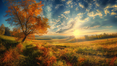 Enchanting autumn landscape. sunny panoramic view of rural idyll in the beautiful fall seasonの写真素材