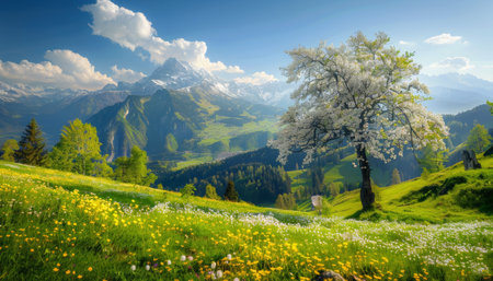 Beautiful idyllic mountain landscape in the alps with blooming meadows on a sunny spring dayの写真素材