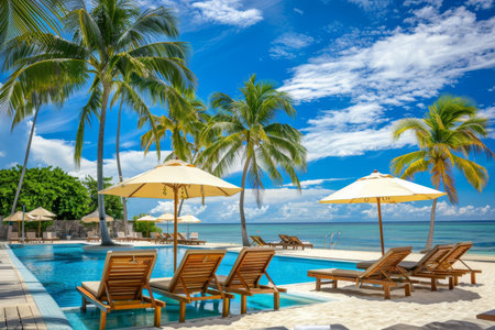 Luxury beach resort hotel swimming pool, palm trees, happy tourism holiday landscapeの写真素材