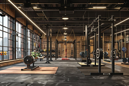 Modern fitness center interior with sport equipment, crossfit and workout gym 3d renderingの写真素材
