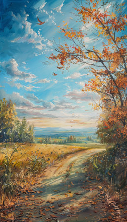 Sunny day in fall. enchanting landscape of rural idyll with colorful autumn trees and clear blue skyの写真素材