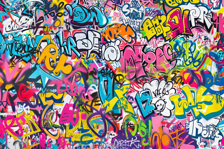 Colorful urban graffiti art and street murals seamless pattern on white backgroundの写真素材