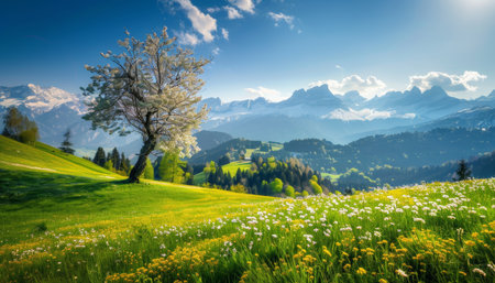 Idyllic alpine landscape with blooming meadows and majestic mountain views in springtimeの写真素材