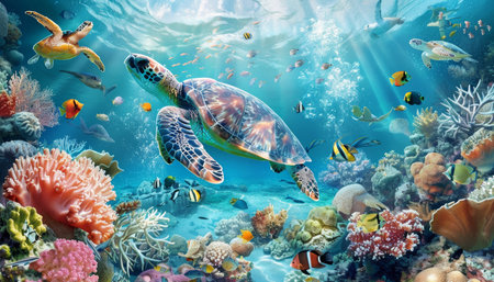 Vibrant underwater scene with diverse marine life and a majestic turtle swimming in the ocean depthsの写真素材