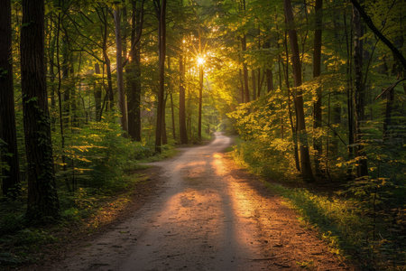 Magical forest exploration. sunlit trees, scenic path, and enchanting sun reflections