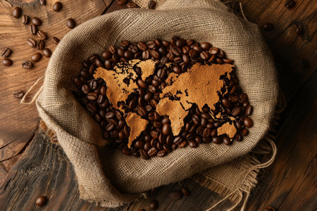 Coffee beans and world map. global coffee culture concept for exploring international flavorsの写真素材