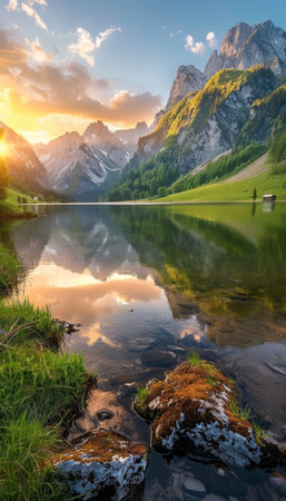 Sunset at mountain lake zittauerhuette refuge lower gerlossee wildgerlossee pinzgau salzburg austriaの写真素材
