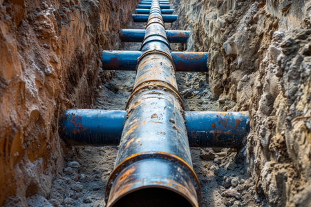 Metal pipe installation in trench for replacing old underground water line constructionの写真素材