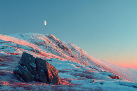 Majestic snow-covered peaks stretch under a pristine blue sky, illuminated by a luminous moon and a serene, cold wilderness scene.の写真素材