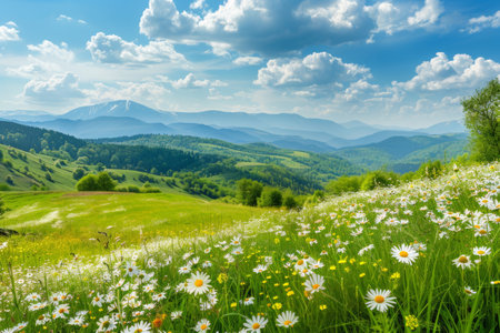 Idyllic mountain landscape with green meadows and wildflowers, countryside outdoor panoramic sceneryの写真素材