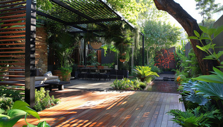 Luxurious outdoor garden design with teak wood deck and black pergola for morning relaxationの写真素材