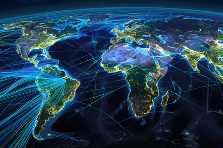 Global trade network mapping essential shipping routes and logistics for supply chains worldwideの写真素材