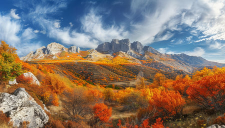 Stunning sunny day panorama mountain autumn landscape in high quality photographyの写真素材