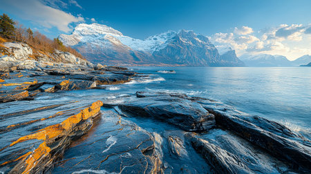An alpine scene featuring a tranquil lake nestled among rugged rocks, towering snow-clad summits, and a serene, crisp atmosphere ideal for adventure oの写真素材