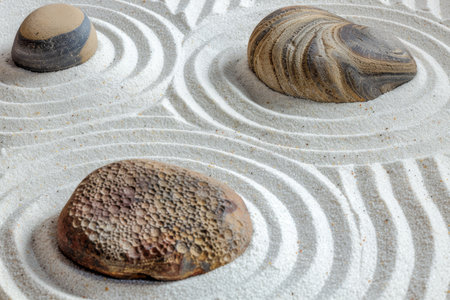 Tranquil zen rock garden with circular patterns in white sand, serene japanese landscapeの写真素材