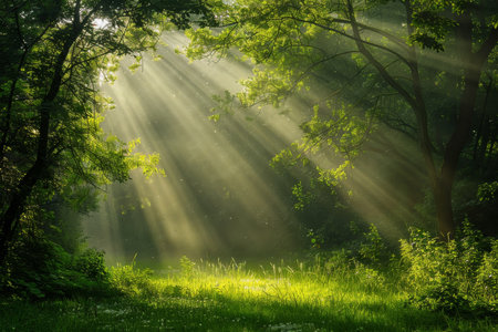 Tranquil green forest bathed in beautiful sunlight on a serene and clear summer dayの写真素材