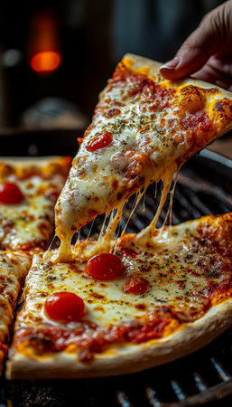 A close-up of a hand gently stretching a slice of rich, cheesy cherry tomato pizza, capturing gooey cheese threads against a vibrant background, evokiの写真素材