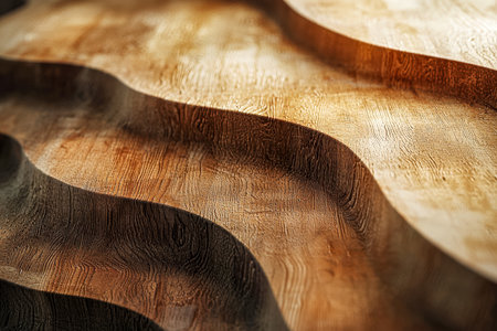 A detailed view of overlapping timber strips showing rich wood grain patterns, warm hues, and tactile textures, ideal for rustic or natural themes.の写真素材