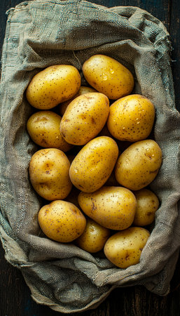 Vibrant yellow spuds nestled in a vintage woven basket, lined with rough linen, evoking rustic charm and farm-fresh appeal.の写真素材