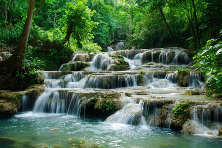 Beautiful freshwater waterfalls surrounded by lush greenery in a dense forest settingの写真素材